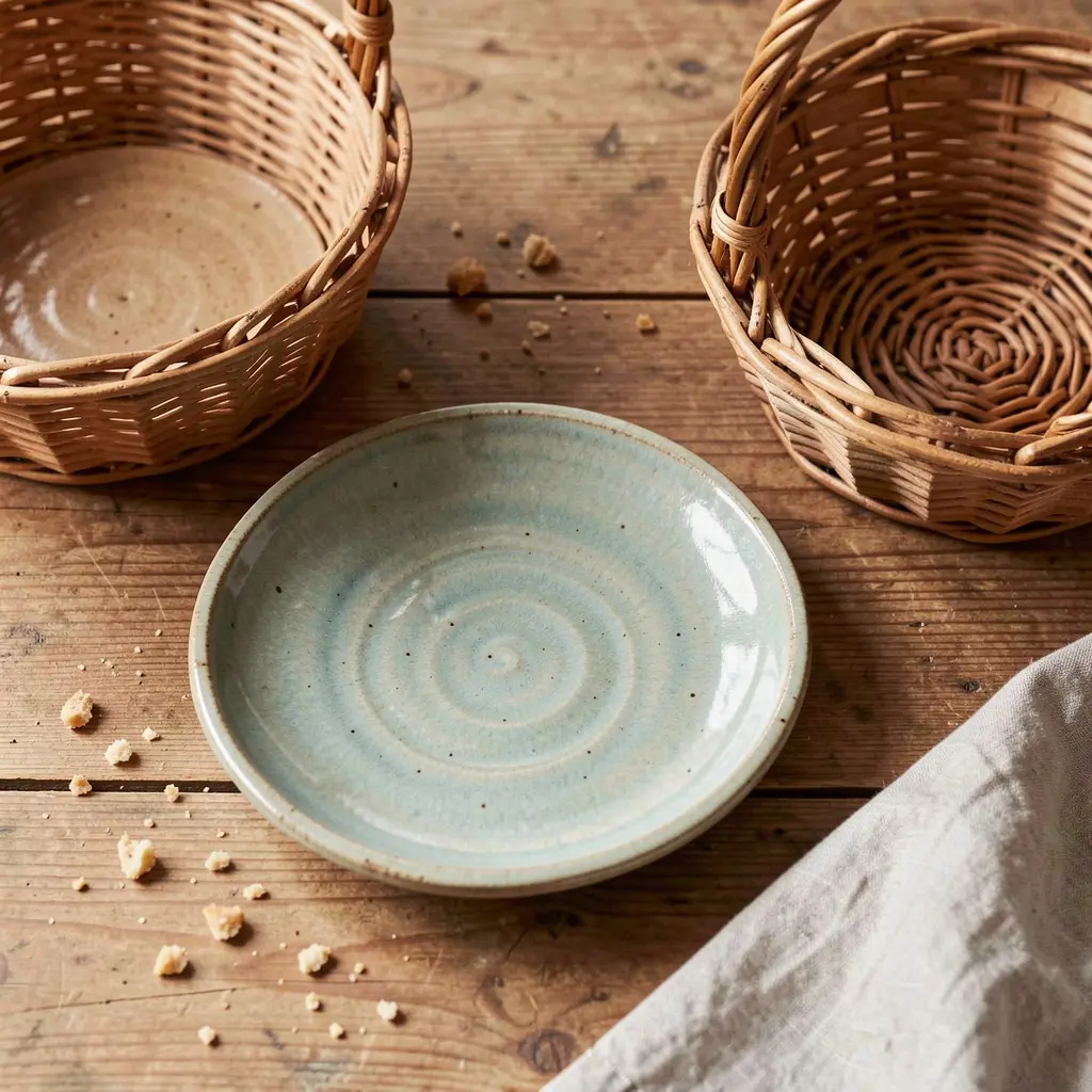 Håndlagde keramikkprodukter og vevde kurver arrangert på naturlig trebord